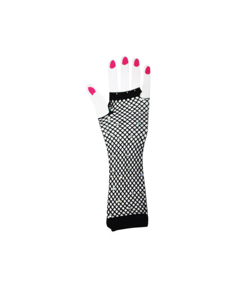 Black Fishnet Long Gloves With Crystals