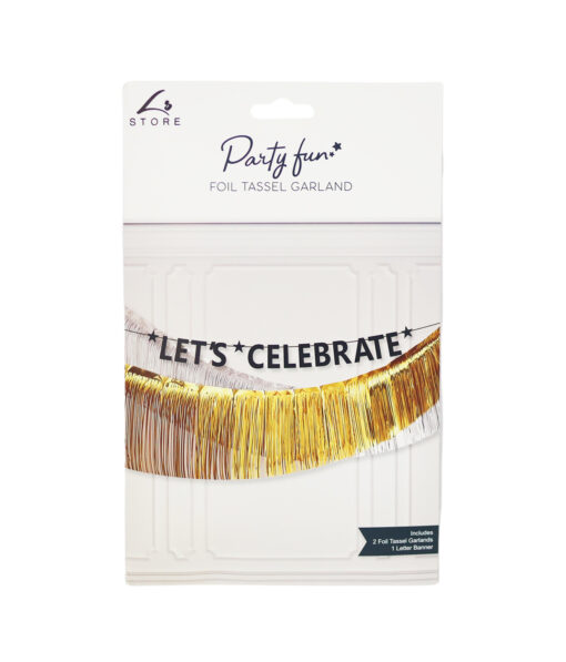 Gold and Silver Foil Tassels Banner with Black LET'S CELEBRATE Banner