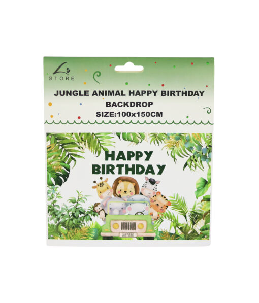 Green Jungle Animal Happy Birthday Backdrop 100x50cm